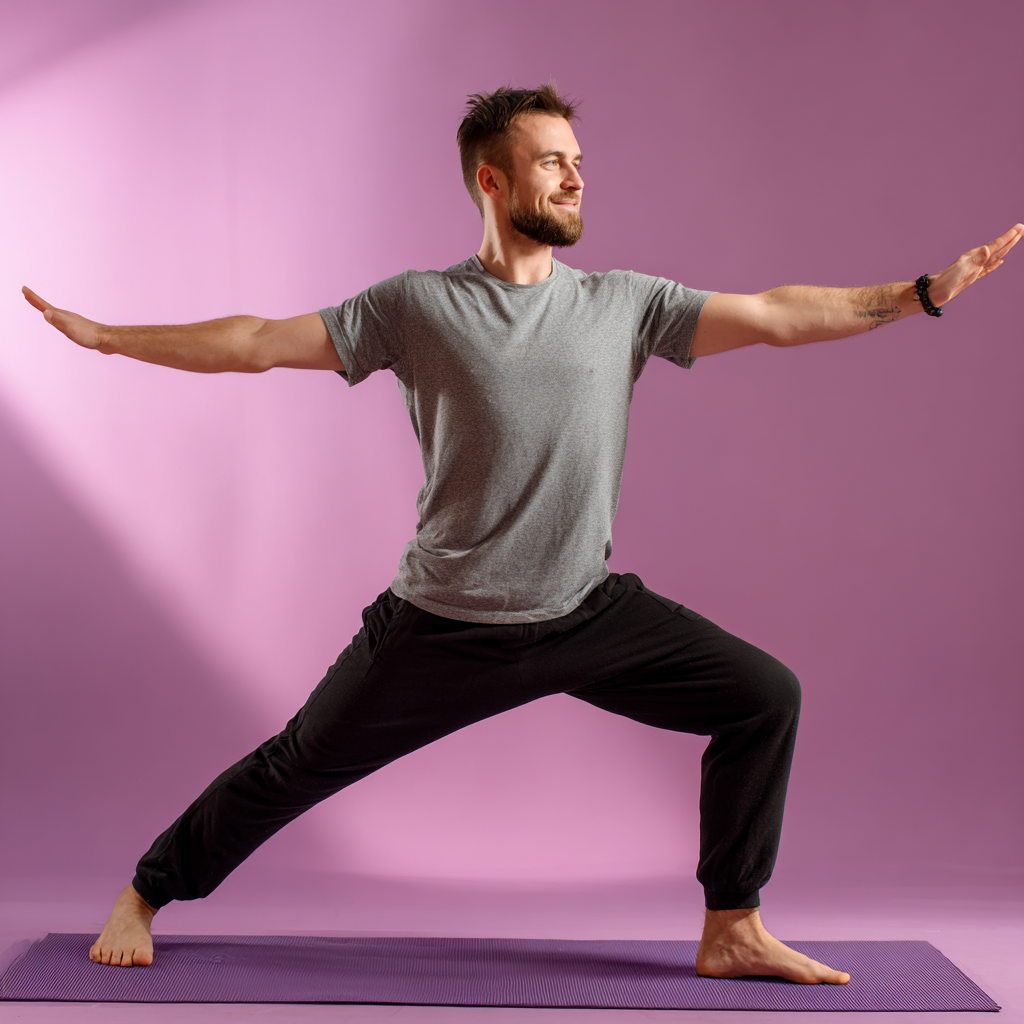 Interior elegant al studioului prismadoq cu pardoseală din lemn, oglinzi mari, saltele de yoga mov și personaj românesc zâmbitor în poziție de meditație, lumină naturală caldă